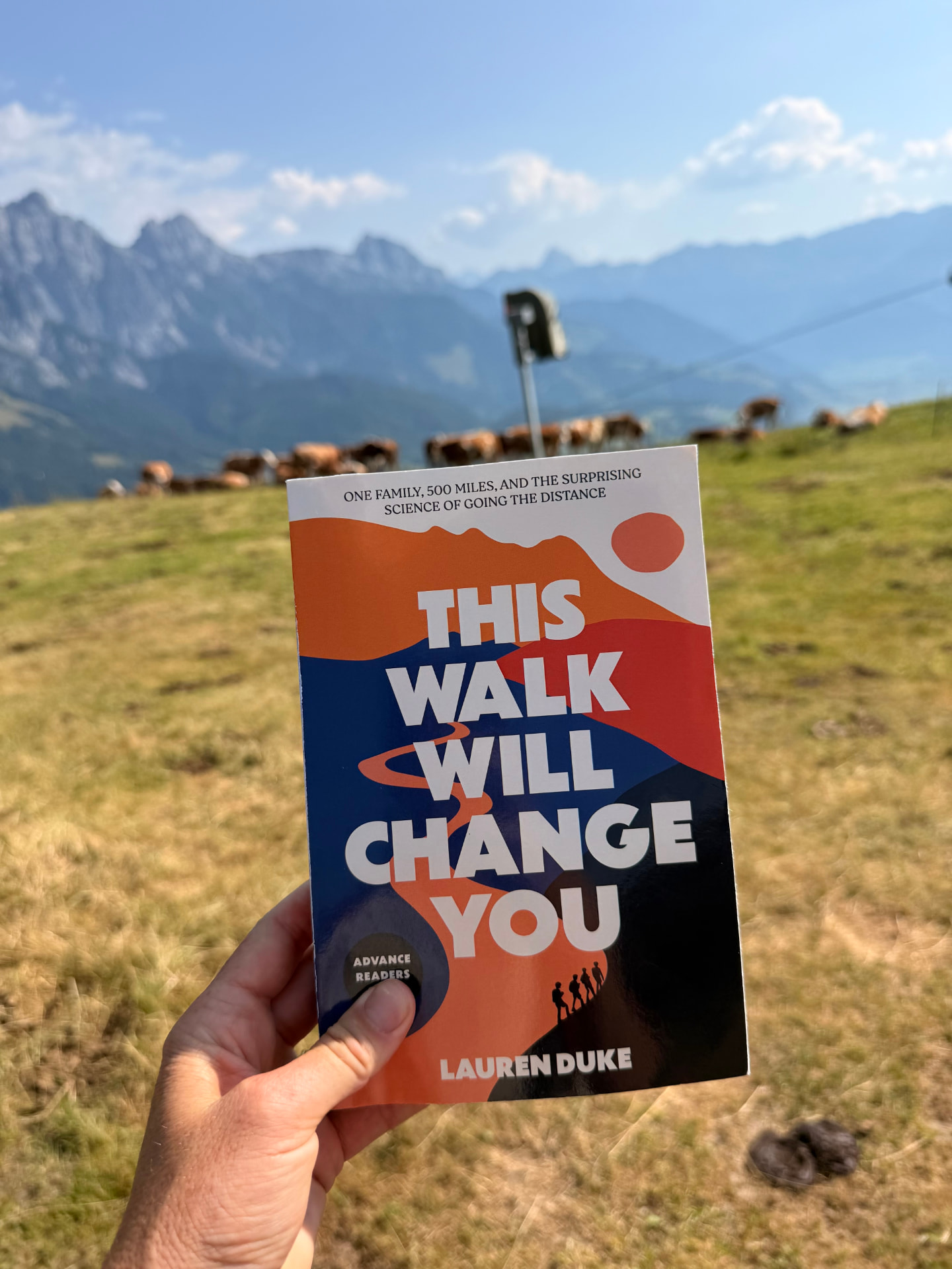 The book held on an alpine pasture with mountains behind