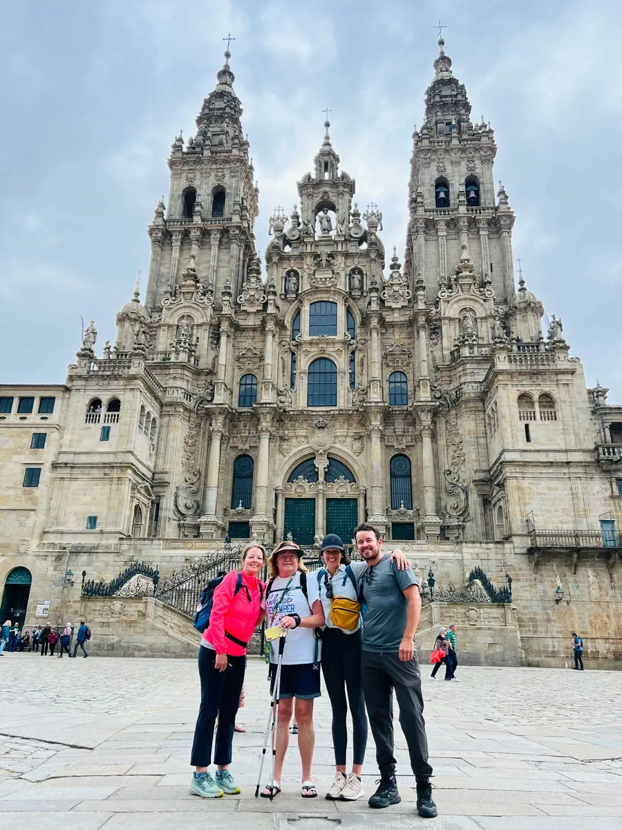 Leah, Mary, Lauren, and her brother Danny in front of the Cathedral of Santiago de Compostela